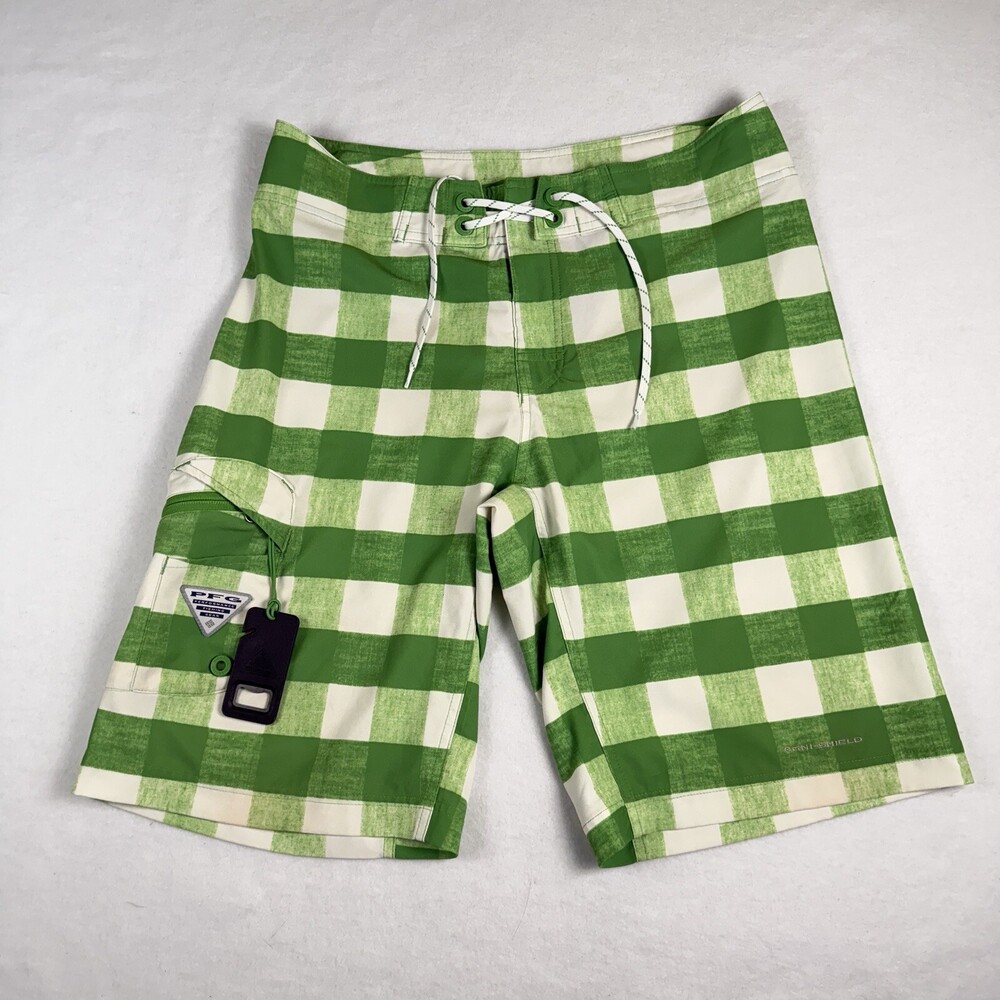 COLUMBIA PFG Board Shorts Omni-Shield Stretch Green Plaid Fishing Mens 32x11